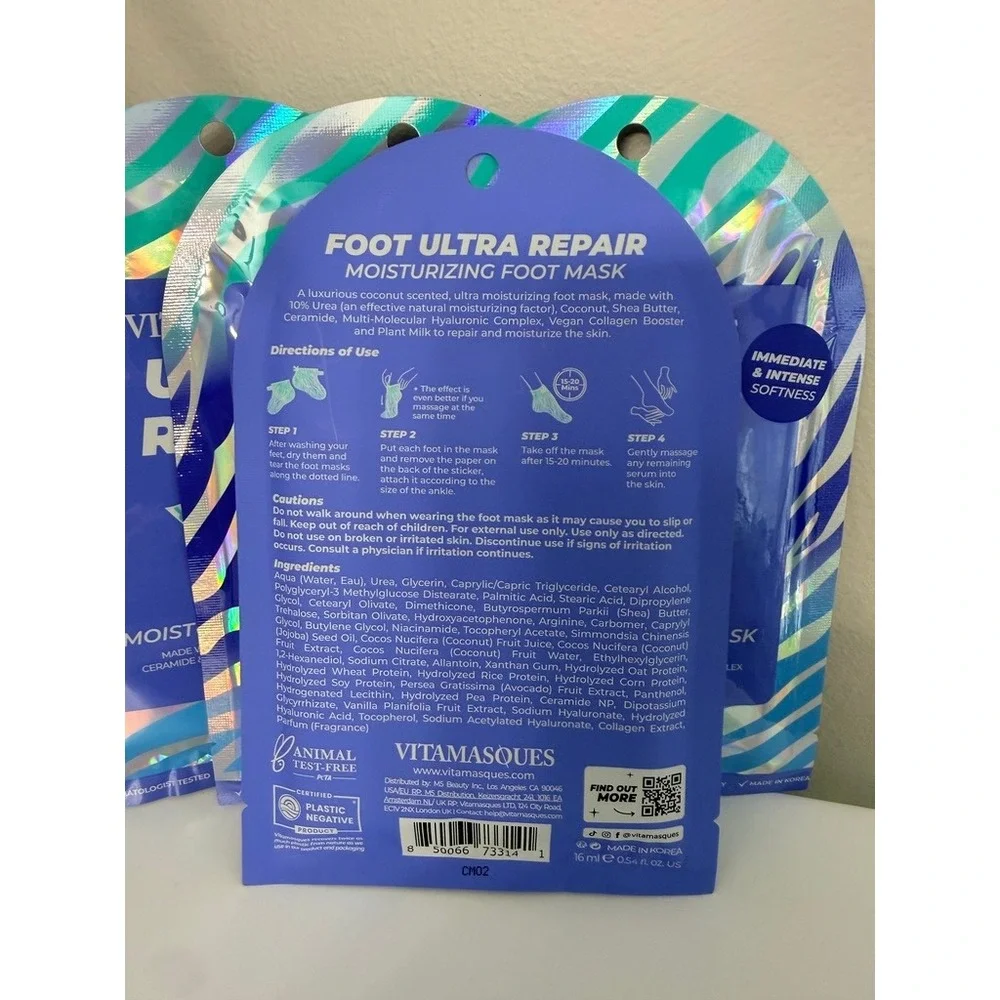 Vitamasques Ultra Repair Foot Mask Unisex 4 Pack Blue‎ Urea Hyaluronic NWT